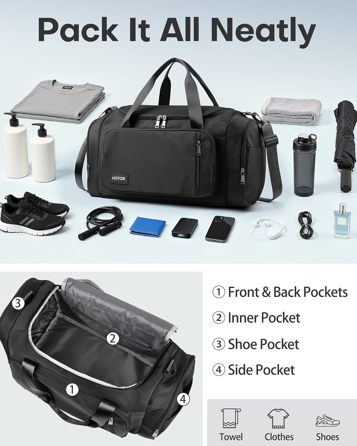 Gym Bags for Men & Women - Spacious Duffle Bag with Shoe Compartment & Wet Pocket, Carry on Weekender Bag Portable Sports Duffel Bag for Workout, Fitness, Travel, Black, 20.5" X 11.0" X 10.6"