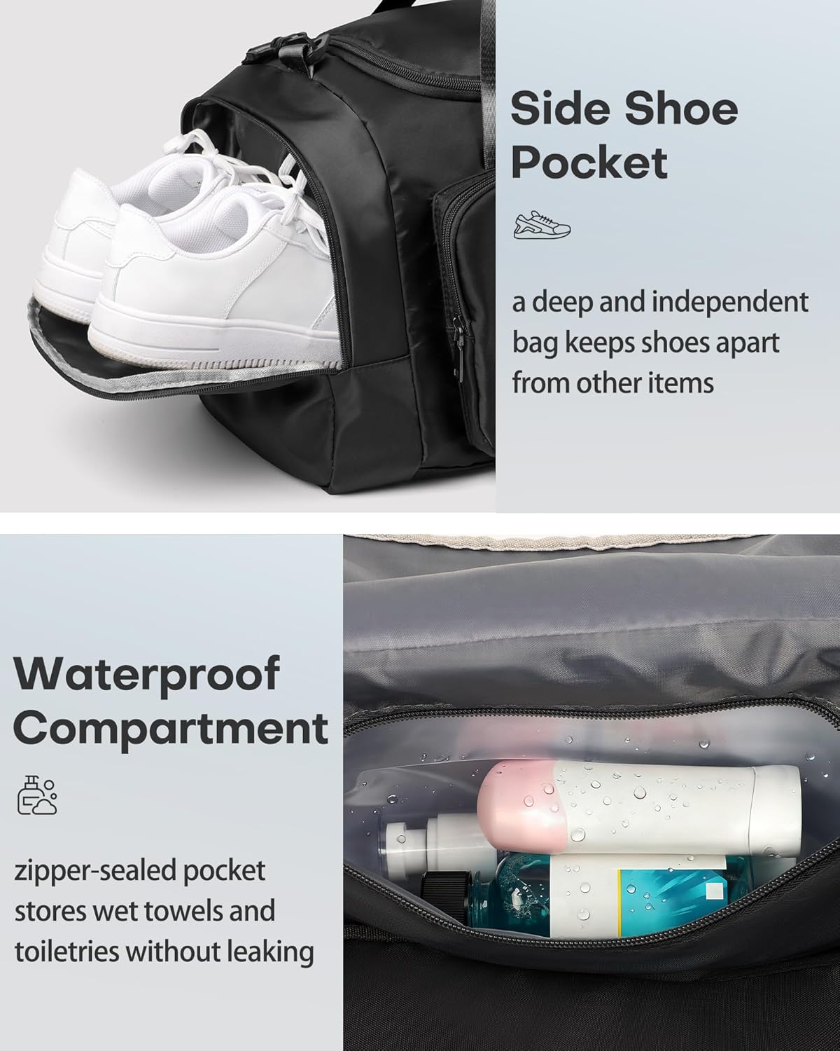 Gym Bags for Men & Women - Spacious Duffle Bag with Shoe Compartment & Wet Pocket, Carry on Weekender Bag Portable Sports Duffel Bag for Workout, Fitness, Travel, Black, 20.5" X 11.0" X 10.6"